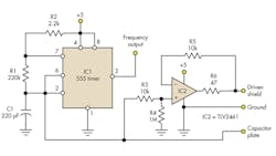 1. In this large-area capacitive sensor, C1 and any parallel capacitance set the frequency of the 555 astable multivibrator IC1, while IC2 buffers the voltage at the capacitor to drive the shield plate. (The pin-outs for IC1 are for the “N” package.) 1. In this large-area capacitive sensor, C1 and any parallel capacitance set the frequency of the 555 astable multivibrator IC1, while IC2 buffers the voltage at the capacitor to drive the shield plate. (The pin-outs for IC1 are for the “N” package.)