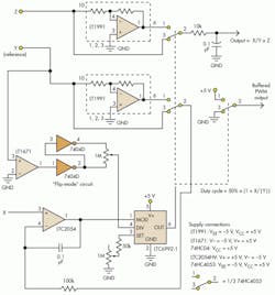 2. This enhancement to the circuit of Figure 1 extends the analog multiplication/division to all four analog signal quadrants. 2. This enhancement to the circuit of Figure 1 extends the analog multiplication/division to all four analog signal quadrants.