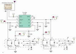 2. The transmitter is based on commercially available modules, including a one-of-four encoder, and uses a standard transistor drive configuration for the latching relays. 2. The transmitter is based on commercially available modules, including a one-of-four encoder, and uses a standard transistor drive configuration for the latching relays.