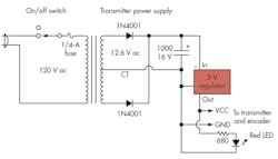 3. Power for the transmitter comes from the 120-V ac line via a step-down transformer and a 5-V low-dropout regulator.