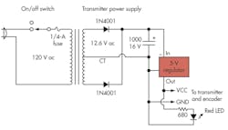 3. Power for the transmitter comes from the 120-V ac line via a step-down transformer and a 5-V low-dropout regulator. 3. Power for the transmitter comes from the 120-V ac line via a step-down transformer and a 5-V low-dropout regulator.