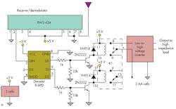 4. The “core” of Receiver #1 is a pair of commercial modules, one for the receiver/demodulator and one for the decoder function, and powered by C-cell batteries. The inverter (circuit not shown) is powered by AA-cell batteries. 4. The “core” of Receiver #1 is a pair of commercial modules, one for the receiver/demodulator and one for the decoder function, and powered by C-cell batteries. The inverter (circuit not shown) is powered by AA-cell batteries.