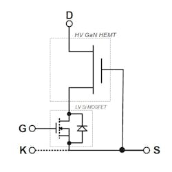 Fig. 3 - Transphorm employs a cascode circuit to drive the GaN device. Drain, Gate and Source are similar to a silicon MOSFET’s D, G, and S and K is the Kelvin contact for the gate return. Fig. 3 - Transphorm employs a cascode circuit to drive the GaN device. Drain, Gate and Source are similar to a silicon MOSFET’s D, G, and S and K is the Kelvin contact for the gate return.