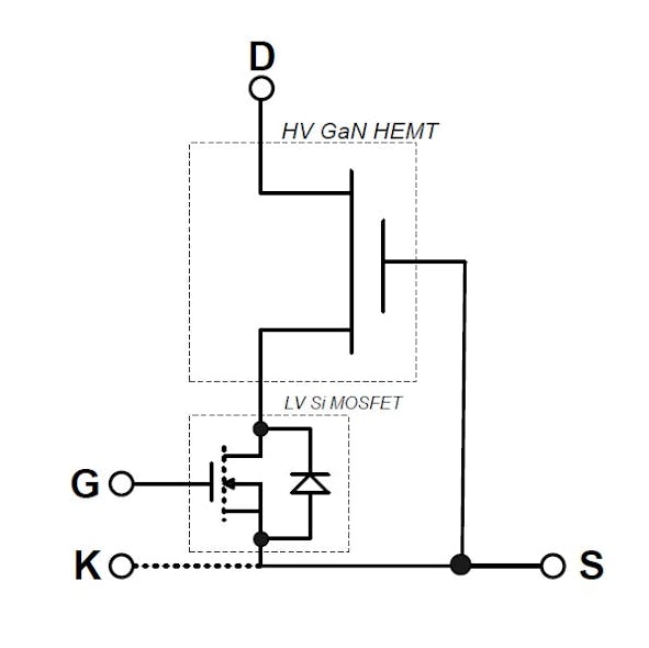 Fig. 3 - Transphorm employs a cascode circuit to drive the GaN device. Drain, Gate and Source are similar to a silicon MOSFET&rsquo;s D, G, and S and K is the Kelvin contact for the gate return.