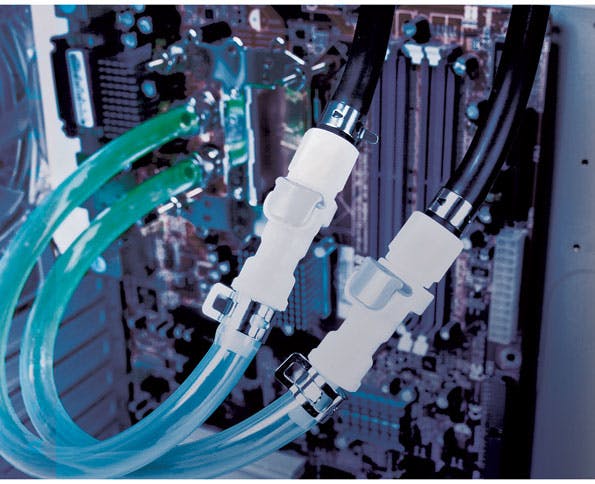 3. Quick disconnect couplings are used to connect the flexible tubes that carry the cooling liquid to each individual server and back out to a central manifold on the server rack.