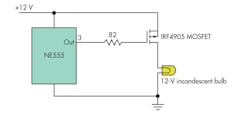 A CMOS TLC555 can't source enough current to charge the gate rapidly and was damaged by being connected directly to the gate (a 3500-pF capacitive load). But a bipolar NE555 with an added 82-Ω protective resistor drives the IRF4905 MOSFET safely and reliably. A CMOS TLC555 can't source enough current to charge the gate rapidly and was damaged by being connected directly to the gate (a 3500-pF capacitive load). But a bipolar NE555 with an added 82-Ω protective resistor drives the IRF4905 MOSFET safely and reliably.