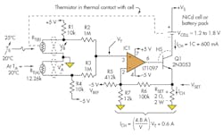 2. The voltage outputs corresponding to thermistor resistances RT(A) and RT(B) are summed in passive adder IC1. This output difference varies from –125 mV to 0 V as the temperature rises from 0°C to 5°C. 2. The voltage outputs corresponding to thermistor resistances RT(A) and RT(B) are summed in passive adder IC1. This output difference varies from –125 mV to 0 V as the temperature rises from 0°C to 5°C.