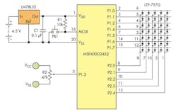 1. The graphic/digital voltmeter based on the MSP430G2452 microcontroller requires minimal circuitry. The core of the implementation is in the algorithm, which converts the digitized value into a row/column drive for the LED matrix.