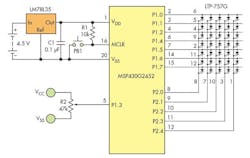 1. The graphic/digital voltmeter based on the MSP430G2452 microcontroller requires minimal circuitry. The core of the implementation is in the algorithm, which converts the digitized value into a row/column drive for the LED matrix. 1. The graphic/digital voltmeter based on the MSP430G2452 microcontroller requires minimal circuitry. The core of the implementation is in the algorithm, which converts the digitized value into a row/column drive for the LED matrix.