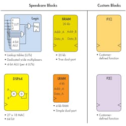 5. Speedcore standard blocks (left) are found in conventional FPGAs. Custom blocks have a similar interface, but they contain logic defined by the customer. 5. Speedcore standard blocks (left) are found in conventional FPGAs. Custom blocks have a similar interface, but they contain logic defined by the customer.
