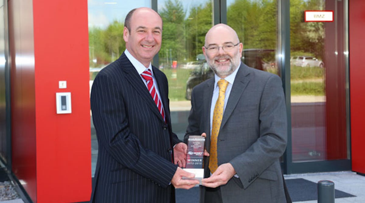 Andrew McQuilken, sales and marketing director of Harwin (left), presents the 2012 European Sales Award to Alan Jermyn, vice president of European marketing, Avnet Abacus.