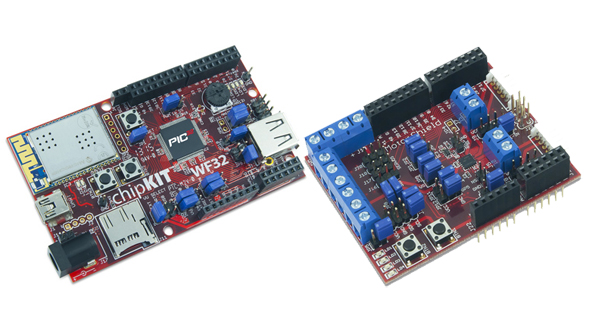 The chipKIT WF32 board left and the chipKIT Motor Control Shield right
