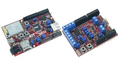 The chipKIT WF32 board (left) and the chipKIT Motor Control Shield (right).