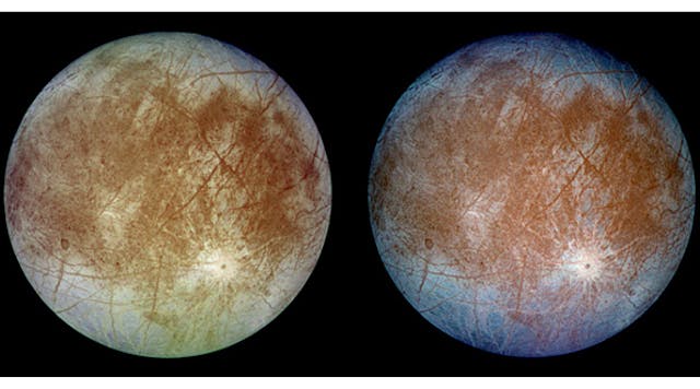 Two versions of Jupiter&apos;s Europa moon. (Left) Natural color image. (Right) False-composite combining violet, green, and infrared images to show the differences in the water-ice crust.