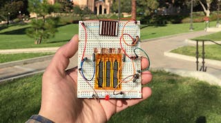 The new hybrid supercapacitor developed at UCLA stores large amounts of energy, recharges quickly and can last for more than 10,000 recharge cycles. (Image courtesy of UCLA&rsquo;s California NanoSystems Institute)