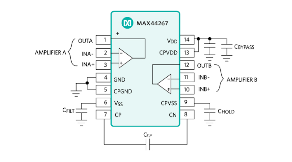 The low-power MAX44267 operates from a single 4.5- to 15-V power supply. (Images courtesy of Maxim Integrated) The low-power MAX44267 operates from a single 4.5- to 15-V power supply. (Images courtesy of Maxim Integrated)