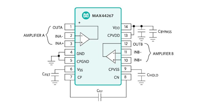 The low-power MAX44267 operates from a single 4.5- to 15-V power supply. (Images courtesy of Maxim Integrated)