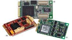 1. PCI Express Mini Cards are available from a variety of vendors, including products such as Diamond Systems&rsquo;DS-MPE-DAQ0804 Analog I/O Module (a), Versalogic&rsquo;s VL-MPEe-U2e Serial+GPIO (b), and Accesio&rsquo;s mPCIE-COM-4SM four-port RS-232/422/485 card (c).