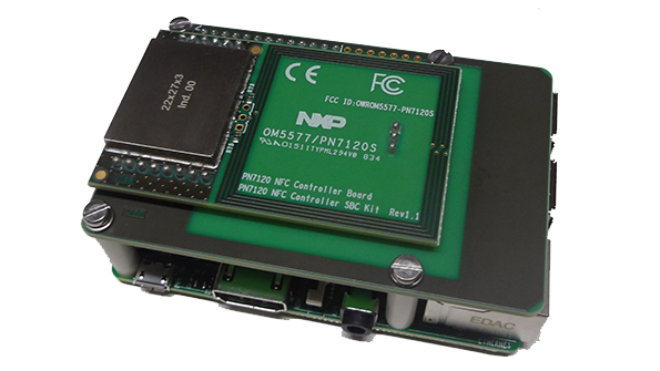 1 The NXP PN7120 NFC controller board top is plugged into an adapter that in turn plugs into the Raspberry Pi 2 bottom