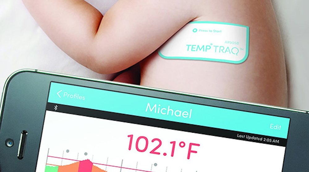 TempTraq, a smart bandage integrated with low-power Bluetooth circuits and sensors to measure a baby's temperature, is one example of using flexible batteries to introduce new wearable technologies. (Image courtesy of TempTraq via PRNewswire). TempTraq是一款集成了低功耗蓝牙电路和传感器来测量婴儿温度的智能绷带,它就是利用柔性电池引入新型可穿戴技术的一个例子。(图片由TempTraq通过PRNewswire提供)。