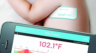TempTraq, a smart bandage integrated with low-power Bluetooth circuits and sensors to measure a baby&apos;s temperature, is one example of using flexible batteries to introduce new wearable technologies. (Image courtesy of TempTraq via PRNewswire).