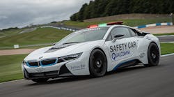The Official Qualcomm Safety Car is a BMW i8 plug-in hybrid that has been modified to support Qualcomm&rsquo;s Halo 7.2 kW wireless charging system. (Image courtesy of BMW).