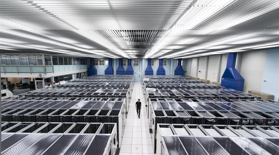 CERN&apos;s main data center is located in Meyrin, Switzerland. It provides about 45 petabytes of data storage on disk, and houses the majority of the data center&apos;s 100,000 processing cores. (Image courtesy of CERN).