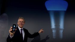 Frans van Houten, chief executive of Philips, explains that his company&apos;s LED light bulbs can be controlled via smartphone apps. Philips is a member of the Allseen Alliance, an industry organization that promotes a common framework for the Internet of Things. (Image courtesy of Philips).