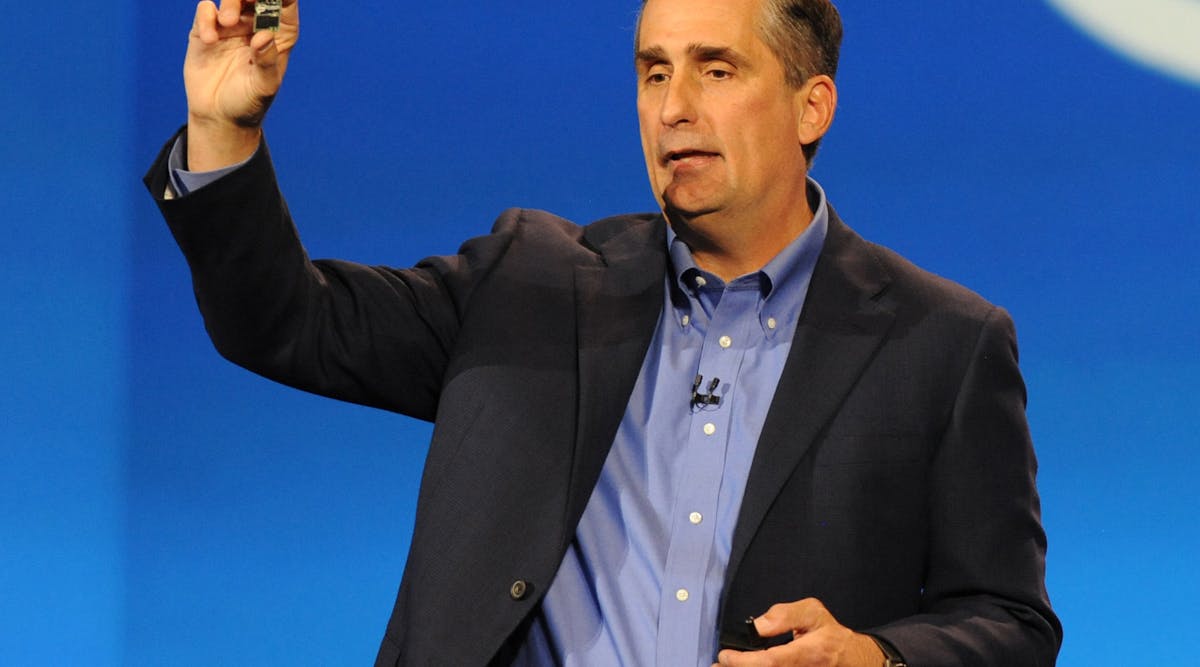 Brian Krzanich, Intel&apos;s chief executive, giving a keynote speech before the 2014 Consumer Electronics Show in Las Vegas. Nearly three years into his role as chief executive, Krzanich is trying to push Intel toward cloud computing and the billions of connected devices that will share information with the cloud. (Image courtesy of Intel).