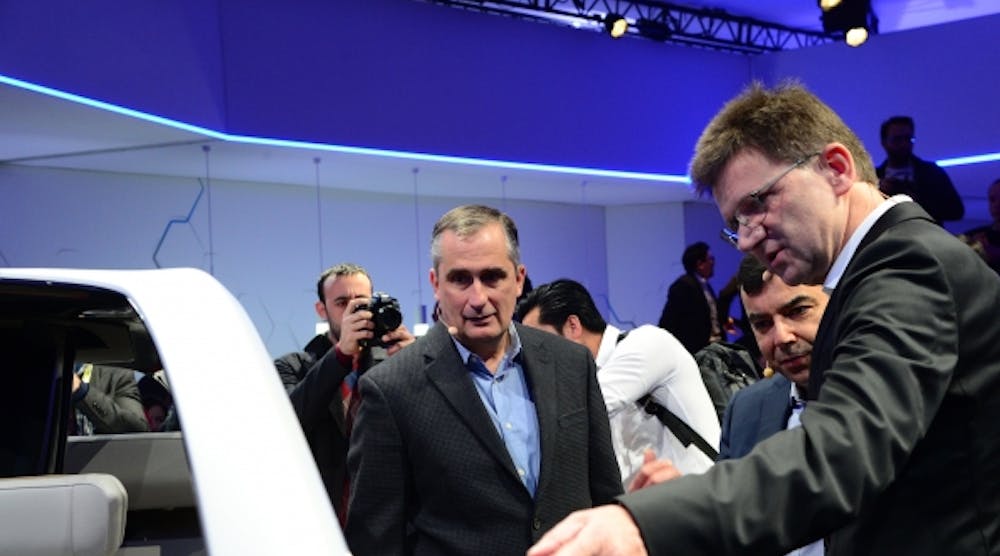From left, Intel's chief executive Brian Krzanich, Mobileye's chief executive Zi Aviram, and Mobileye's chief technology officer Amnon Shashua, at the Consumer Electronics Show in January. (Image courtesy of Intel). From left, Intel's chief executive Brian Krzanich, Mobileye's chief executive Zi Aviram, and Mobileye's chief technology officer Amnon Shashua, at the Consumer Electronics Show in January. (Image courtesy of Intel).