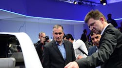 From left, Intel&apos;s chief executive Brian Krzanich, Mobileye&apos;s chief executive Zi Aviram, and Mobileye&apos;s chief technology officer Amnon Shashua, at the Consumer Electronics Show in January. (Image courtesy of Intel).