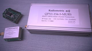 The Radiometrix MURS radios. The NiM1B transceiver modules are on the left and the QPX1-154-5 transceiver is on the right. These and others are distributed by Lemos International.