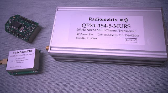 The Radiometrix MURS radios. The NiM1B transceiver modules are on the left and the QPX1-154-5 transceiver is on the right. These and others are distributed by Lemos International.