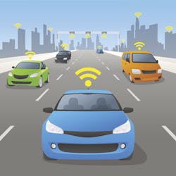 Illustrations of driverless cars on highway with city in background Illustrations of driverless cars on highway with city in background