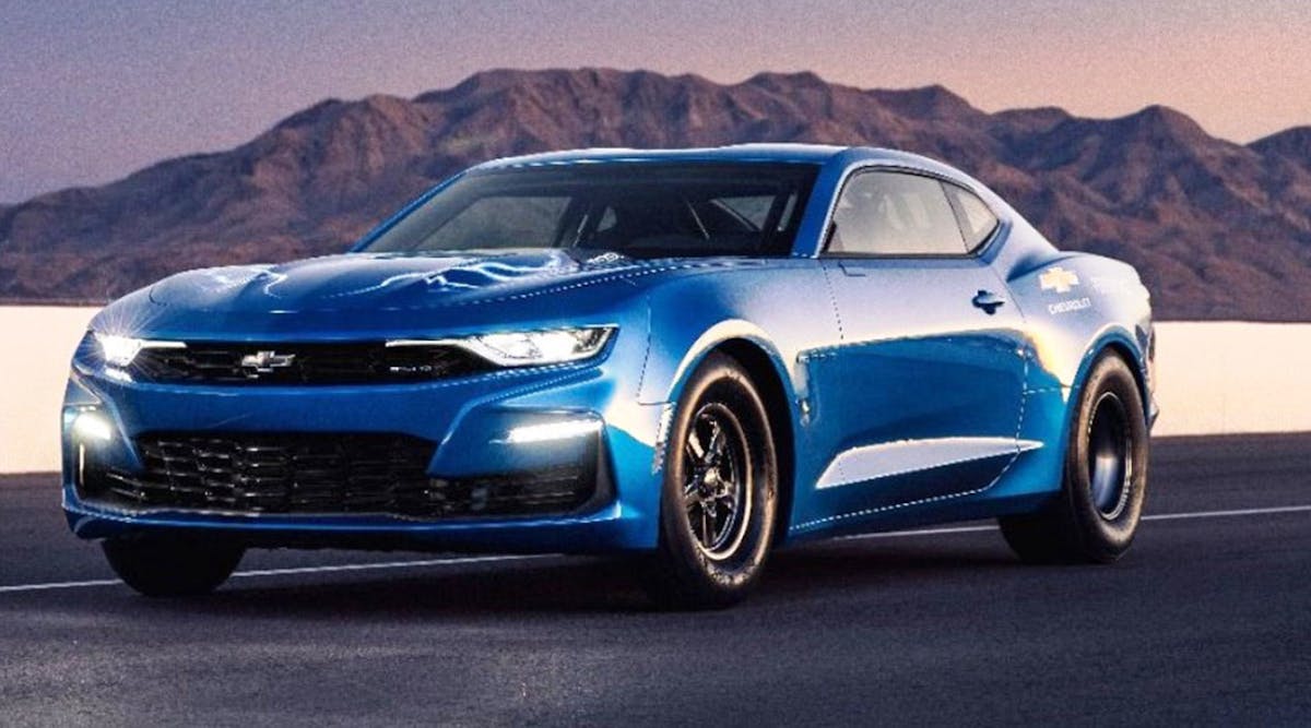 The eCOPO Concept, shown in Electric Blue, joins the 50th anniversary 2019 COPO Camaro production race car.