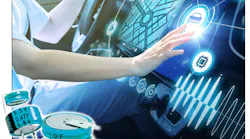 A composite image of New Yorker Electronics' double-layer supercapacitor and a person driving