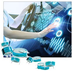 A composite image of New Yorker Electronics' double-layer supercapacitor and a person driving A composite image of New Yorker Electronics' double-layer supercapacitor and a person driving