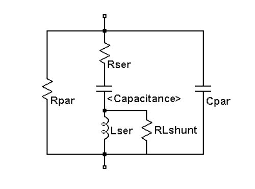 2. Capacitors have many stray elements, as is shown with this Spice equivalent circuit. The Lser and Rser in this schematic represent the equivalent series inductance (ESL) and equivalent series resistance (ESR). The Cpar, Rpar and RLshunt elements are usually negligible in most circuit applications.
