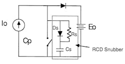 3. An RCD snubber network uses a diode to steer the current so that power isn&rsquo;t wasted during switch turn-on. (Courtesy of Cornell Dubilier)