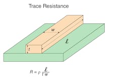1. A simple dimensional drawing and formula are all that&rsquo;s needed to calculate PCB trace resistance and thus IR drop. Many online calculators are available to make it a trivial task. (Source: Trance-Cat)