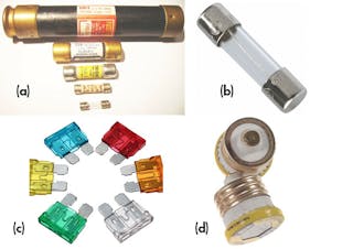 2. Fuses come in a wide range of form factors and current/voltage ratings (not to scale): Larger fuses (50 A and higher) are often housed in cylinders called cartridges (a); low-current &ldquo;3AG&rdquo; fuses for up to about 250 V ac (b); blade-type 15- and 20-A fuses commonly used for car circuits (12 V dc) (c); and old-fashioned &ldquo;S&rdquo; and &ldquo;T&rdquo;-type screw-in fuses rated to 20 and 30 A used in 120-V ac power lines) (d). (Image sources: Sunstore/UK; Source: Electrical Wholesaler/Ireland; RONA Langdon Hardware Ltd/Canada; and reviseOmatic.org)