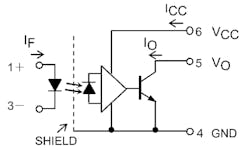 The pinout and footprint of the Toshiba TLP2363 10-Mb/s optocoupler is the same as most industry-standard devices, but it also offers support for 24-V inputs of PLCs (and other industrial applications) along with a 3750-Vrms isolation-voltage rating. The pinout and footprint of the Toshiba TLP2363 10-Mb/s optocoupler is the same as most industry-standard devices, but it also offers support for 24-V inputs of PLCs (and other industrial applications) along with a 3750-Vrms isolation-voltage rating.