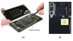 4. For testing, a Huawei P20 phone was used (a). The highlighted area shows the size and location of the existing metal shield. A test area was then selected (b). 4. For testing, a Huawei P20 phone was used (a). The highlighted area shows the size and location of the existing metal shield. A test area was then selected (b).