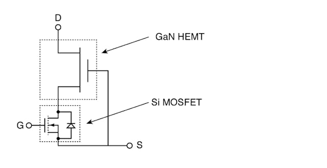 2. A cascode connection with a GaN HEMT and a Si MOSFET provides enhancement-mode operation with GaN benefits.