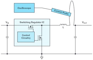 1. The schematic illustrates measurement of the inductor current in a switched-mode power supply.
