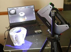 1. The Einscan Pro 2X scanner costs about $5,000, and can achieve point resolutions of 0.15 mm, whereas the Pro 2x Plus model is faster with a larger field of view, but a 0.24-mm point distance. I opted for the finer detail of the cheaper 2X model. 1. The Einscan Pro 2X scanner costs about $5,000, and can achieve point resolutions of 0.15 mm, whereas the Pro 2x Plus model is faster with a larger field of view, but a 0.24-mm point distance. I opted for the finer detail of the cheaper 2X model.