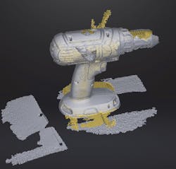 3. Realizing the scanner needed lighter-colored objects, I scanned in a hand drill. Putting the part on black felt would have eliminated the spurious parts of the scan. Inexperience accounts for the noise and shabbiness of the results. 3. Realizing the scanner needed lighter-colored objects, I scanned in a hand drill. Putting the part on black felt would have eliminated the spurious parts of the scan. Inexperience accounts for the noise and shabbiness of the results.