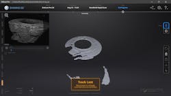 8. This is the dreaded “Track Lost” warning. The scanner has successfully used feature detection to maintain registration as I waved it over the top of the cylinder. However, it loses its place when I move down to do the sides, and it can’t be recovered. It was better to flip the cylinder upside down and start from that position. Impressively, you can flip the part back over, and if you have enough features taken already, the software will re-find its place in space. Then you can add to the scan. All of this tedium significantly increases the noise and errant points recorded. 8. This is the dreaded “Track Lost” warning. The scanner has successfully used feature detection to maintain registration as I waved it over the top of the cylinder. However, it loses its place when I move down to do the sides, and it can’t be recovered. It was better to flip the cylinder upside down and start from that position. Impressively, you can flip the part back over, and if you have enough features taken already, the software will re-find its place in space. Then you can add to the scan. All of this tedium significantly increases the noise and errant points recorded.