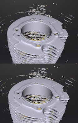 9. You can speed things up and have smaller files with a low-resolution mesh (top). A high-resolution mesh does keep the head gasket area flat (bottom). The &ldquo;Lightning + Refine&rdquo; mode lets you save the point cloud with different resolution, as opposed to making the mesh with different simplifications.