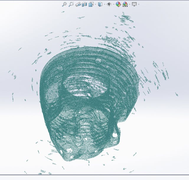 12. I think it&rsquo;s better to let SolidWorks do the meshing. Here&rsquo;s what the .asc point-cloud files look like when first imported to SolidWorks with the ScanTo3D plugin. A wizard helps you scrub out the extraneous points, simplify, and regularize the cloud before SolidWorks does a very sophisticated meshing operation.